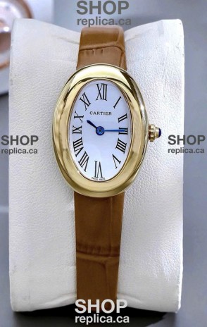 Cartier Baignoire Yellow Gold 23MM Super Clone Watch Brown Strap