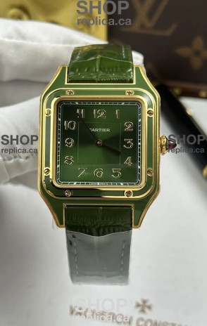 Santos Dumont 31MM Yellow Gold Green Dial Super Clone Watch 