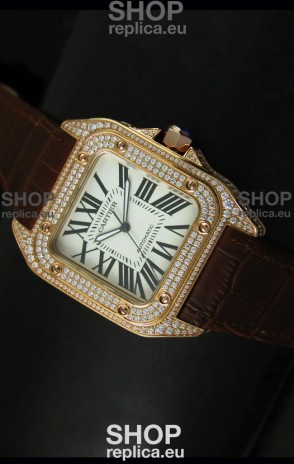 Cartier Santos 100 1:1 Mirror Replica Rose Gold Diamonds Watch 42MM