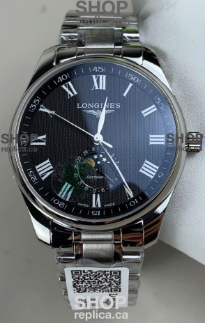 Longines Master Automatic Moonphase Black Dial Steel Case Super Clone Watch 
