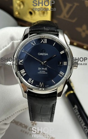 Omega De Ville Co-Axial 41MM Blue Dial Leather Strap Super Clone Watch 