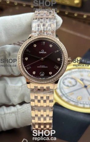Omega De Ville Automatic 34MM Burgundy Dial Rose Gold Case Super Clone Watch 