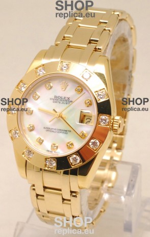 Rolex Datejust Pearlmaster Swiss Replica Gold Watch in White Pearl Dial -34MM