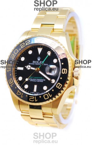 Rolex GMT Masters II 2011 Edition Swiss Replica Gold Watch in Black Cerarmic Bezel
