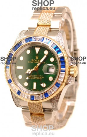 Rolex GMT Masters II 2011 Edition Swiss Replica Two Tone Watch with Diamonds Casing and Bezel