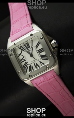 Cartier Santos Swiss Replica Automatic Watch in Pink Strap