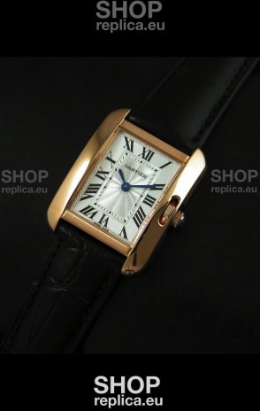 Cartier Louis Japanese Replica Ladies Rose Gold Watch in Black Strap