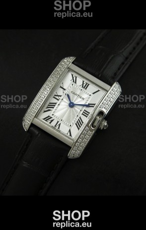 Cartier Louis Japanese Replica Ladies Diamond Watch in Black Strap