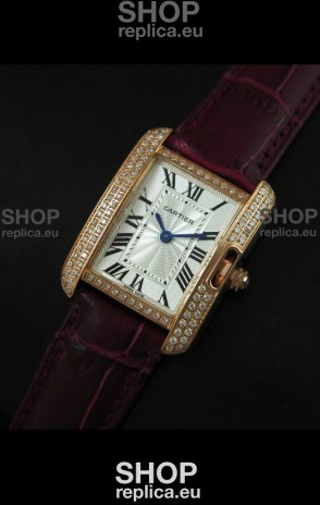 Cartier Louis Japanese Replica Ladies Rose Gold Diamond Watch in Purple Strap