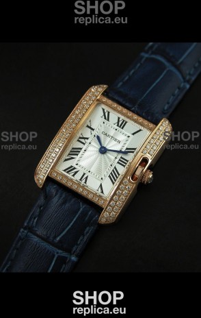 Cartier Louis Japanese Replica Ladies Rose Gold Diamond Watch in Blue Strap
