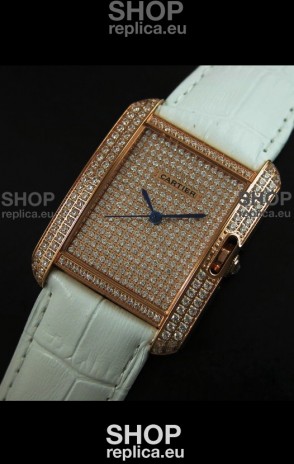 Cartier Tank Anglaise Ladies Replica Watch in Gold Case/White Strap