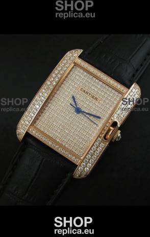 Cartier Tank Anglaise Ladies Replica Watch in Gold Case/Black Strap
