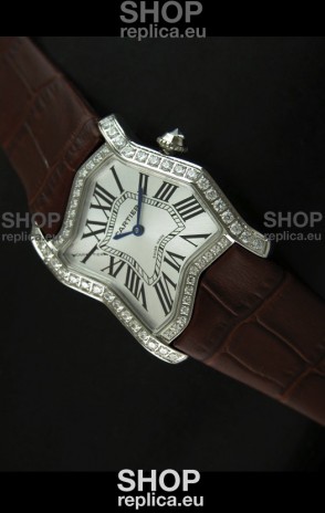 Cartier Tank Folle Ladies Replica Watch in Steel Case/Brown Strap