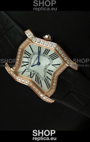 Cartier Tank Folle Ladies Replica Watch in Yellow Gold Case/Black Strap