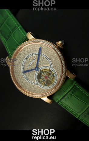 Ronde De Cartier Tourbillon Replica Watch Pink Gold Case - Green Strap