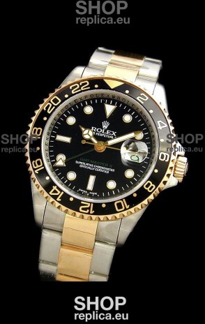 Rolex GMT Master II Swiss Replica Two Tone Gold Watch in Black Dial