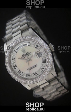Rolex Day Date Just Japanese Replica Watch in Mop Scream White Dial