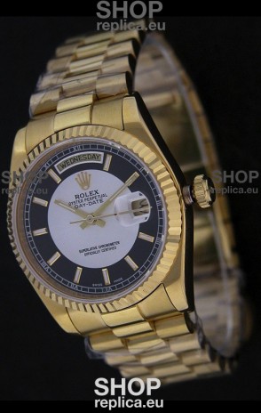 Rolex Day Date Just swiss Replica Yellow Gold Watch in Black & White Dial