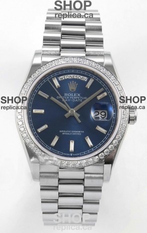 Rolex Day Date 128349 Stainless Steel Blue Crystal Dial Super Clone Watch 