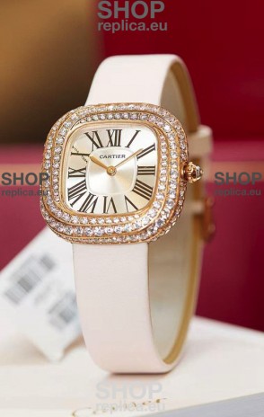 Coussin De Cartier Rose Gold Swiss Replica Watch White Strap 