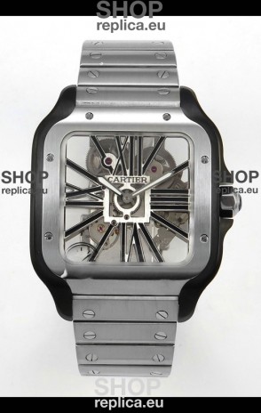Santos De Cartier Super Clone Watch in Skeleton Dial Brushed DLC Coated Steel Casing Watch 
