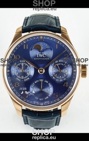 IWC Super Clone Portuguese Perpetual Calendar Rose Gold Blue Dial Replica Watch 