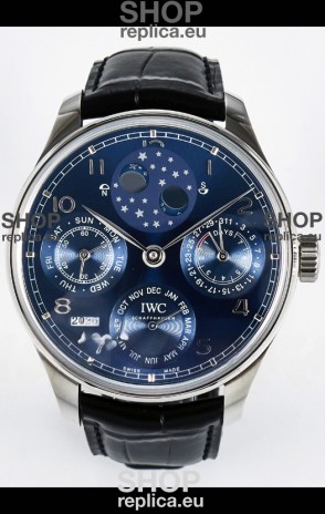 IWC Super Clone Portuguese Perpetual Calendar Stainless Steel Blue Dial Replica Watch 