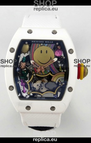 Richard Mille Super Clone RM088 Smiley Tourbillon White Ceramic Velcro Strap Watch 
