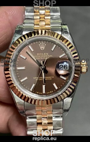 Rolex Datejust Super Clone Brown Dial 2 Tone Rose Gold Watch 28MM