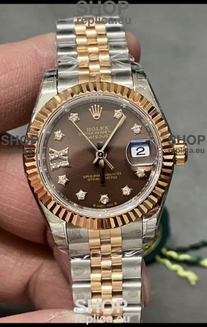 Rolex Datejust Super Clone Brown Dial 2 Tone Rose Gold Watch 28MM