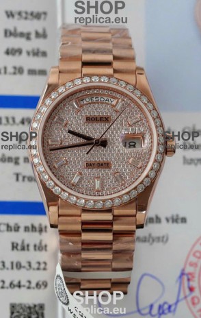 Rolex Day Date Super Clone Rose Gold Plated Custom Modified Diamonds Paved Watch
