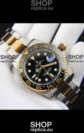 Rolex GMT Masters II 2 Tone Rose Gold Plating Japanese Replica Watch Black Dial