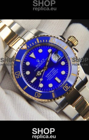 Rolex Submariner Japanese Replica Watch 904L 2 Tone Yellow Gold - Ceramic Bezel in Blue