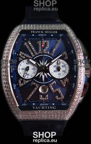 Franck Muller Vanguard Chronograph 904L Steel Blue Dial with Diamonds Swiss Watch 