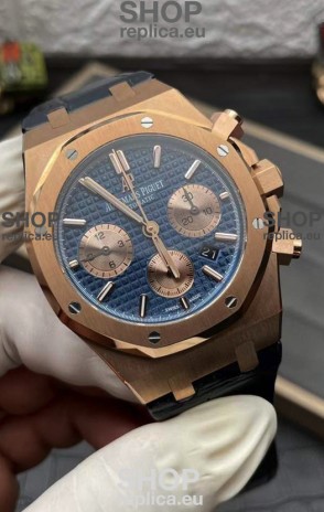 Audemars Piguet Royal Oak Chronograph Rose Gold Blue Dial Leather Strap Swiss Replica Watch