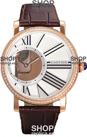Rotonde De Cartier in Rose Gold Casing - Leather Strap Swiss Quartz Replica Watch 