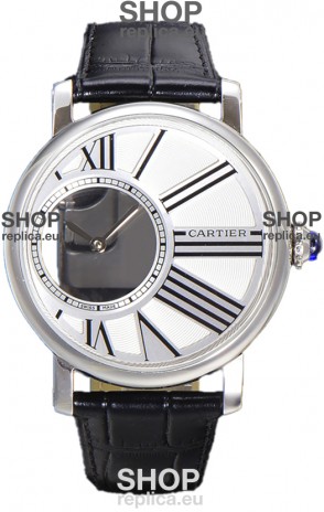 Rotonde De Cartier in Stainless Steel Casing - Leather Strap Swiss Quartz Replica Watch 
