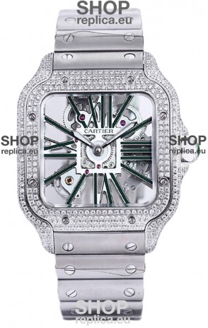 Santos De Cartier Watch in Skeleton Dial - Diamonds Bezel in Steel Casing Swiss Replica