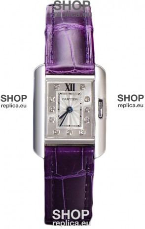 Cartier Tank Anglaise Stainless Steel Watch in Purple Leather Strap Swiss Quartz Watch 30MM
