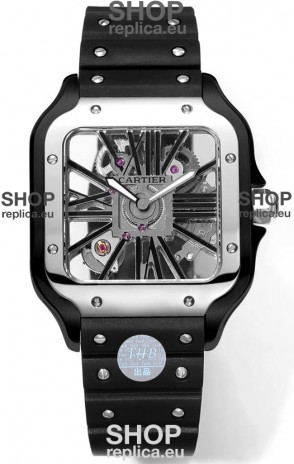 Santos De Cartier Watch in Skeleton Dial - DLC Coated Casing & Steel Strap in Rubber Strap