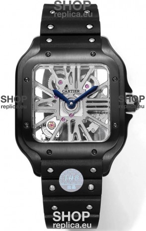 Santos De Cartier Watch in Skeleton Dial - DLC Coated Casing in Rubber Strap