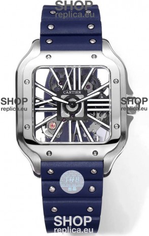 Santos De Cartier Watch in Skeleton Dial - Stainless Steel Casing Blue Rubber Strap