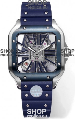 Santos De Cartier Watch in Skeleton Dial - Stainless Steel Casing Rubber Strap