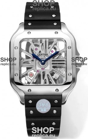 Santos De Cartier Watch in Skeleton Dial - Stainless Steel Casing & Bezel Black Rubber Strap