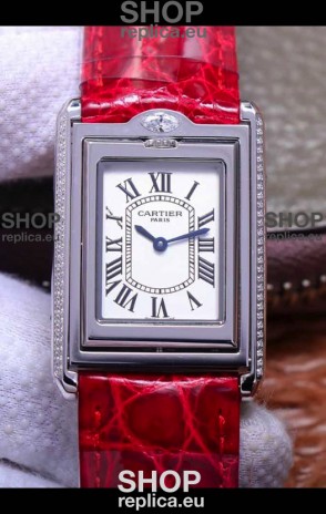 Cartier Tank Reversible Swiss Quartz Replica Watch in Steel Casing - Red Strap