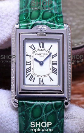 Cartier Tank Reversible Swiss Quartz Replica Watch in Steel Casing - Green Strap