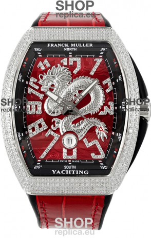 Franck Muller Vanguard Yachting Dragon V45 Red Dial in Gold Diamonds Bezel Swiss Replica
