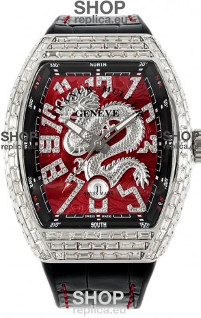 Franck Muller Vanguard Yachting Dragon V45 Red Dial in Square Diamonds Bezel Swiss Replica