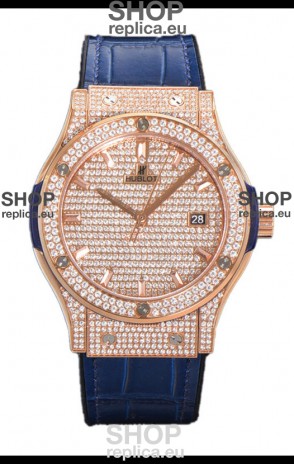 Hublot Classic Fusion Automatic Rose Gold Diamonds Paved Dial Blue Strap 42MM Superclone Replica Watch 