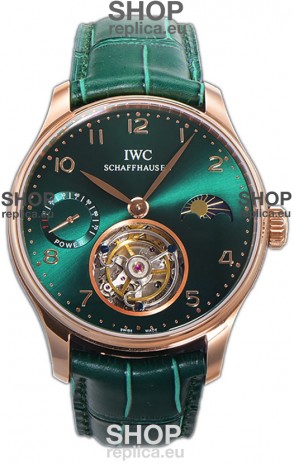 IWC Portugese Hand-Wound Genuine Tourbillon Green Dial Rose Gold Casing Swiss Replica Watch 